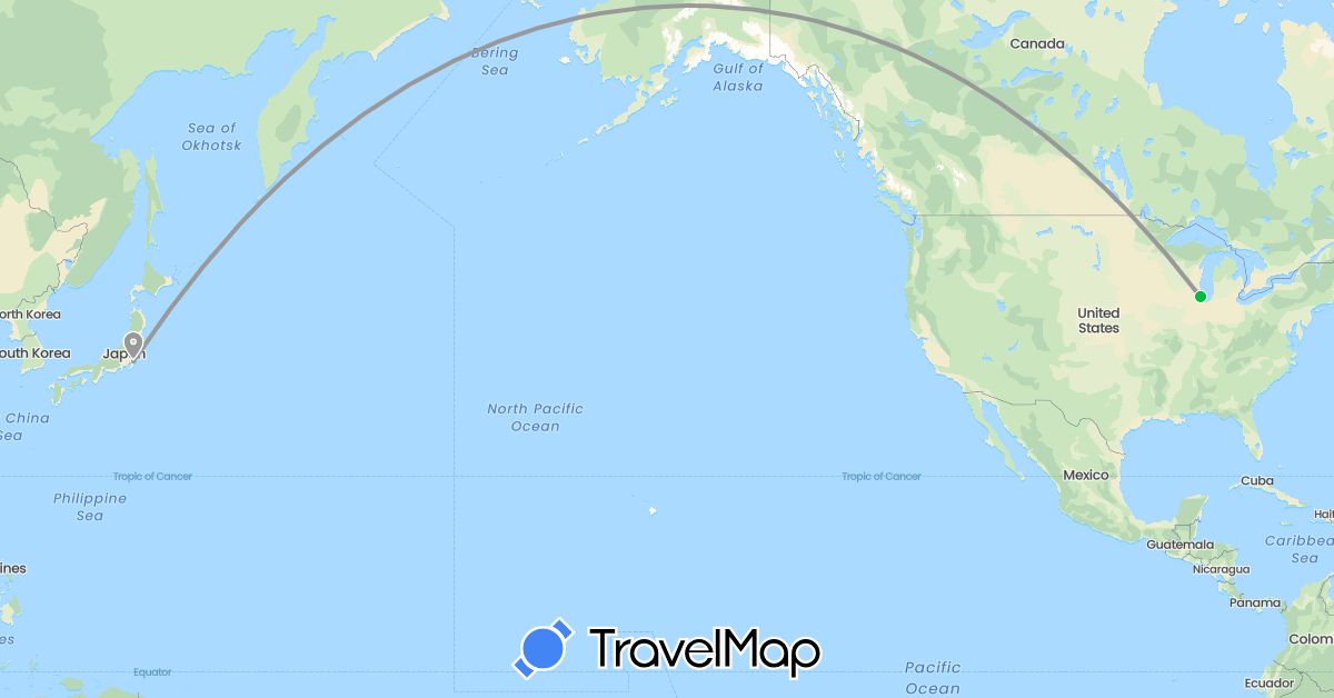 TravelMap itinerary: driving, bus, plane in Japan, United States (Asia, North America)