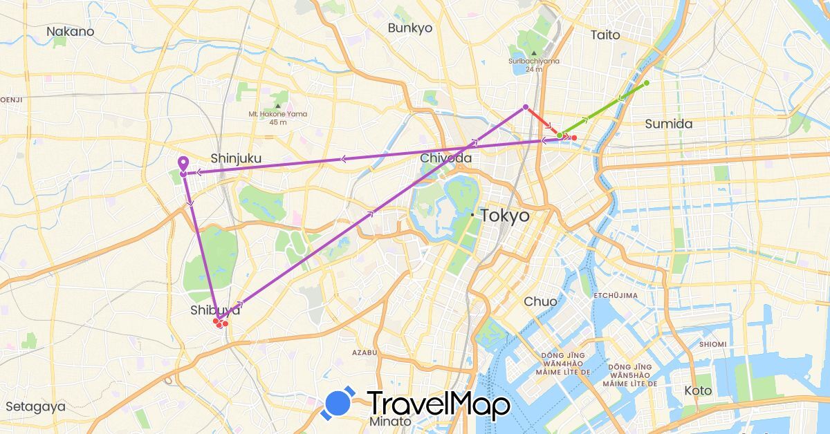 TravelMap itinerary: driving, train, hiking, electric vehicle in Japan (Asia)