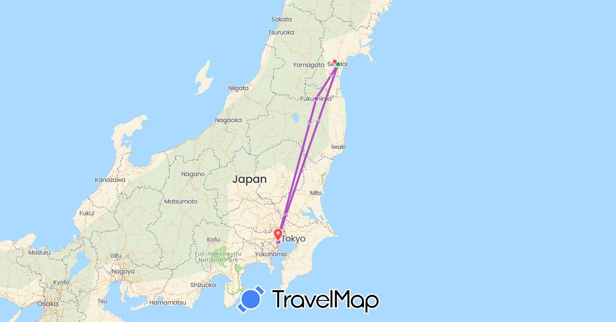 TravelMap itinerary: driving, bus, train, hiking in Japan (Asia)