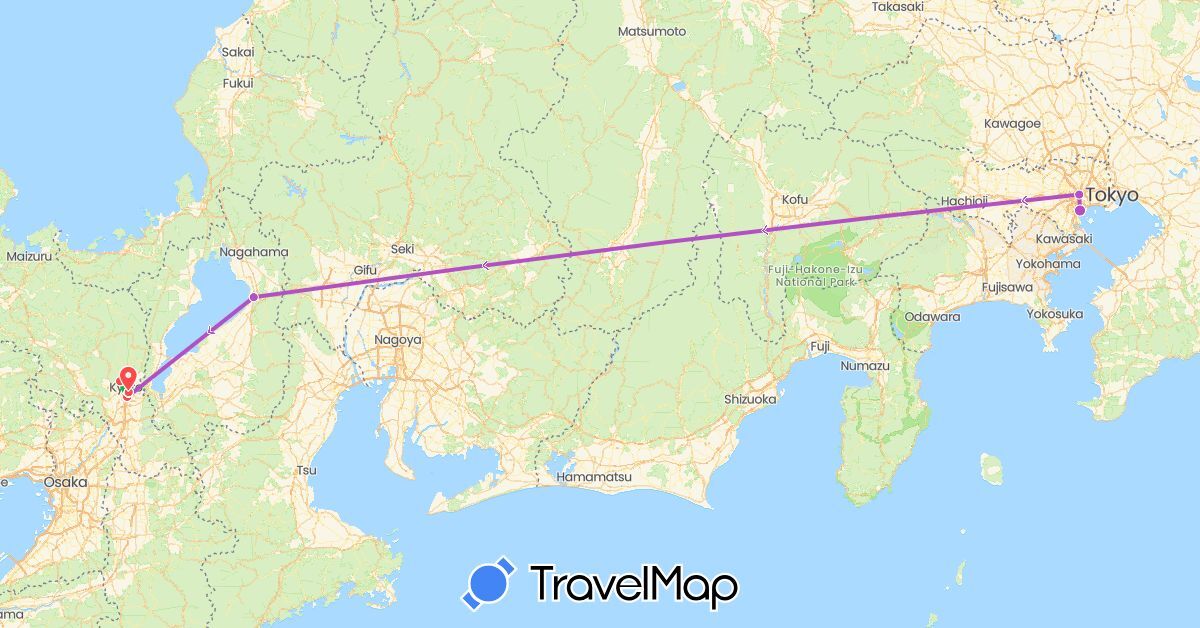 TravelMap itinerary: driving, bus, train, hiking in Japan (Asia)