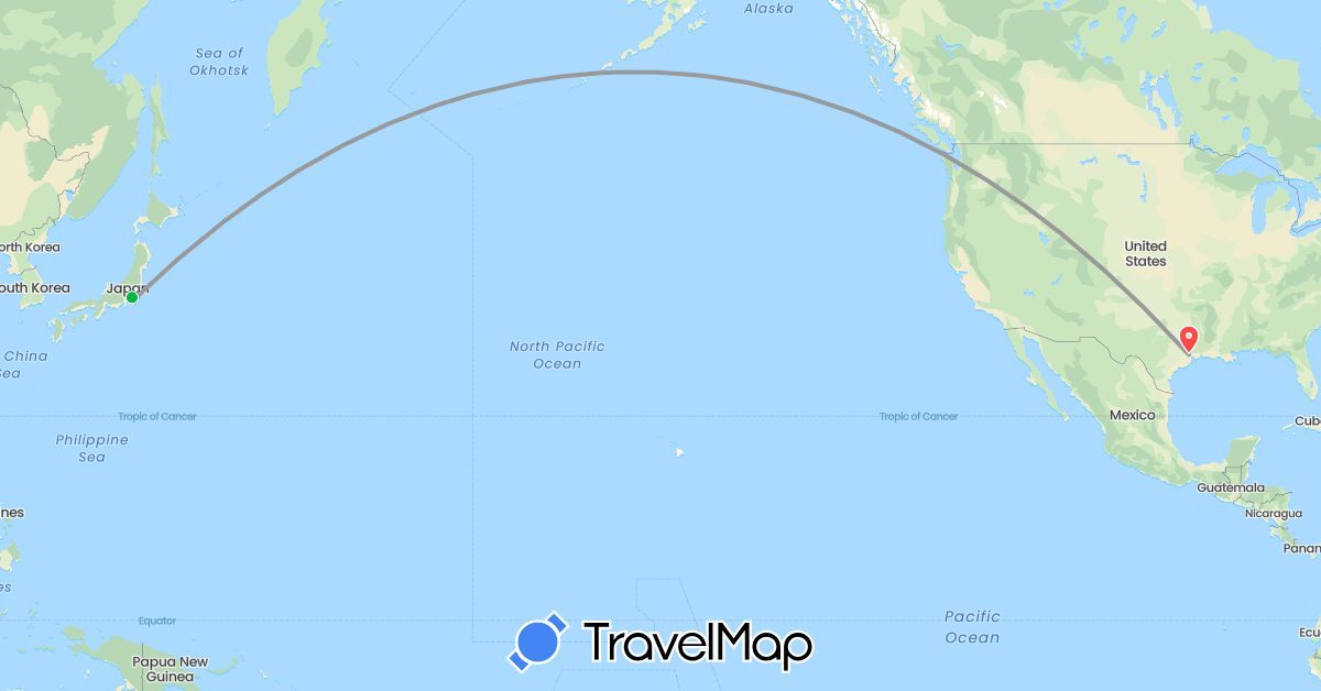 TravelMap itinerary: driving, bus, plane, hiking in Japan, United States (Asia, North America)